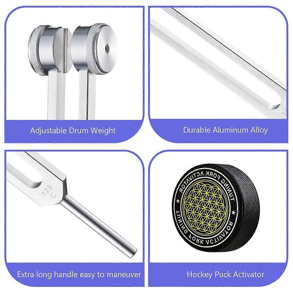 Tuning Forks for Healing, Set, 128Hz, 136.1Hz, 256Hz, 384Hz, with Hockey Puck Activator, for Chakras, Sound Therapy_tfrf
