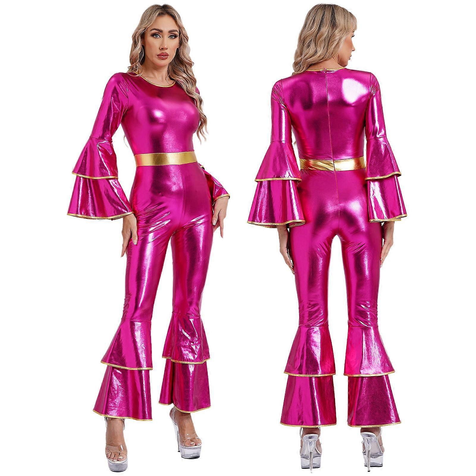 Women's Vintage 70s Disco Shiny Jumpsuit Bell Bottom Hippie Romper Cheerleading Uniform Halloween Cosplay Theme Party Costume royal blue_yux royal blue M