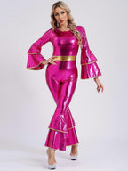 Women's Vintage 70s Disco Shiny Jumpsuit Bell Bottom Hippie Romper Cheerleading Uniform Halloween Cosplay Theme Party Costume royal blue_yux royal blue M