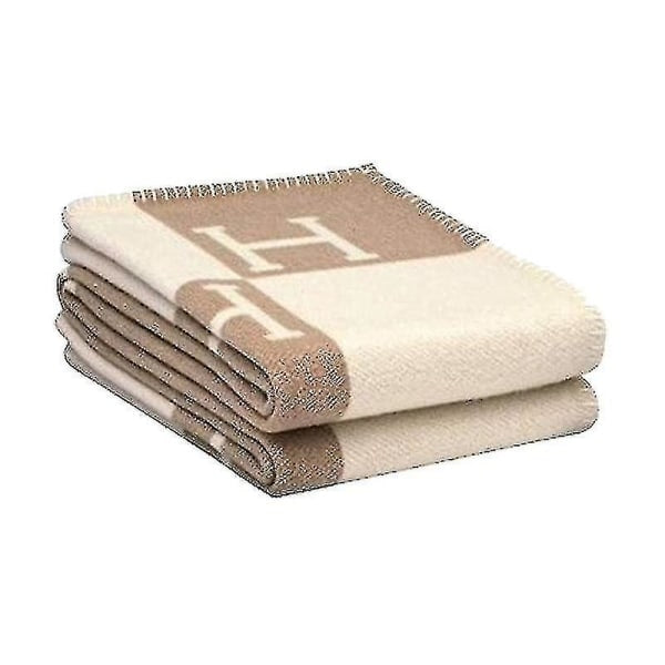 Checkered H-blanket in cashmere blend, crocheted, portable, 135x170 cm, khaki, WELLNGS