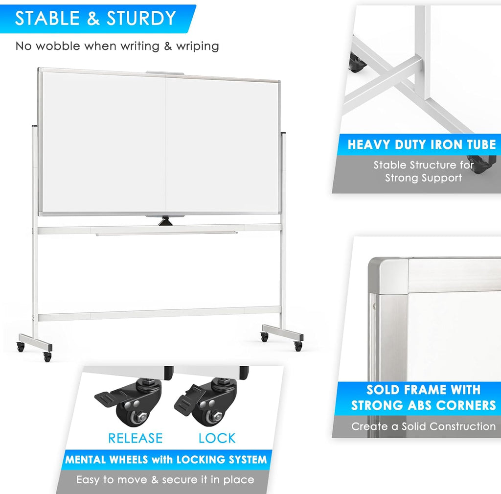 CARLA HOME Double-Sided Magnetic Whiteboard 120x90cm with Wheels, Reversible Design for School, Office & Home