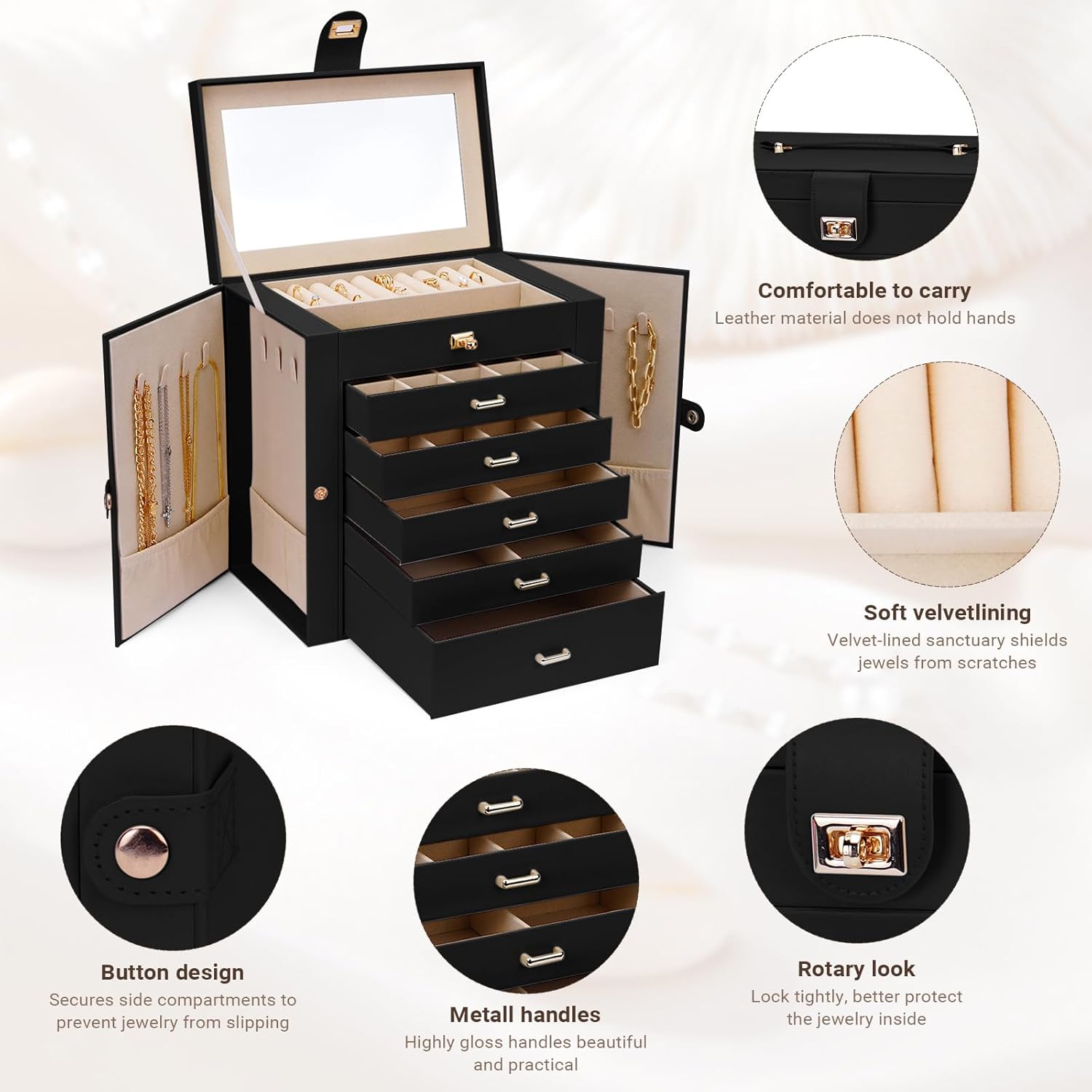 CARLA HOME 6-Layer Large Jewelry Box for Women withDrawers, Mirror, Lock, Necklace Hooks & Side Compartments for Rings, Earrings, Bracelets, Gifts (Black)