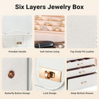 CARLA HOME 6-Layer Large Jewelry Box for Women withDrawers, Mirror, Lock, Necklace Hooks & Side Compartments for Rings, Earrings, Bracelets, Gifts (White)