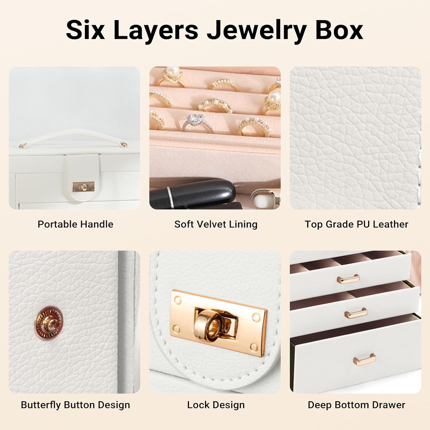 CARLA HOME 6-Layer Large Jewelry Box for Women withDrawers, Mirror, Lock, Necklace Hooks & Side Compartments for Rings, Earrings, Bracelets, Gifts (White)