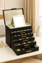 CARLA HOME  6-Layer Large Jewelry Organizer Box for Women with Mirror, Drawers, Hooks & Dividers for Rings, Necklaces, Bracelets, Ideal Gift for Women (Black)