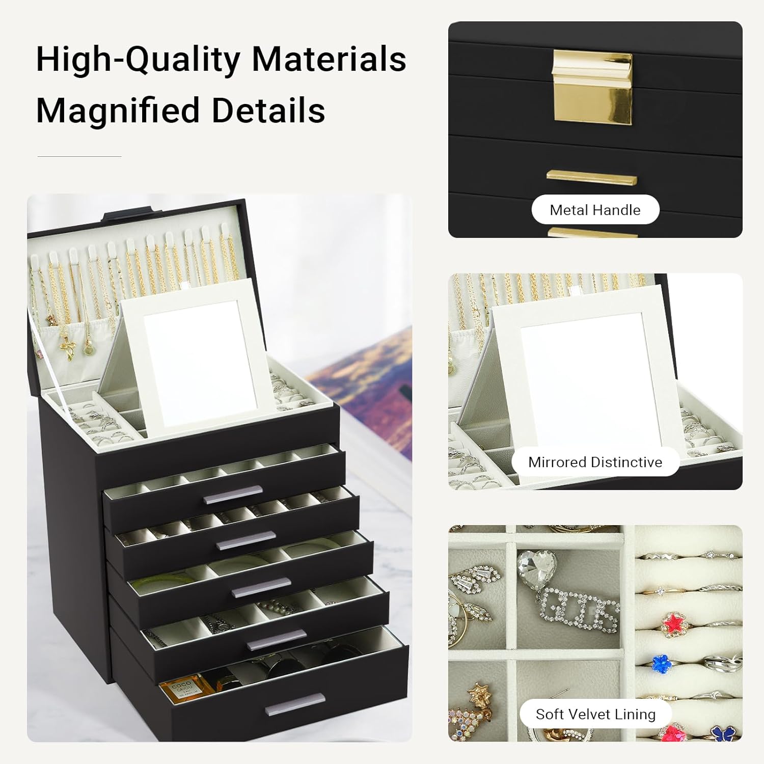 CARLA HOME  6-Layer Large Jewelry Organizer Box for Women with Mirror, Drawers, Hooks & Dividers for Rings, Necklaces, Bracelets, Ideal Gift for Women (Black)