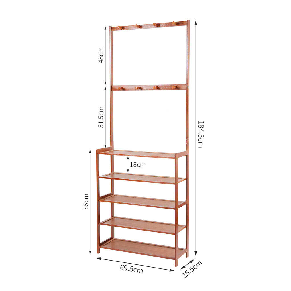 Bamboo 5-Tier Hat Coat Shoe Rack Entryway Bench Hanger Storage
