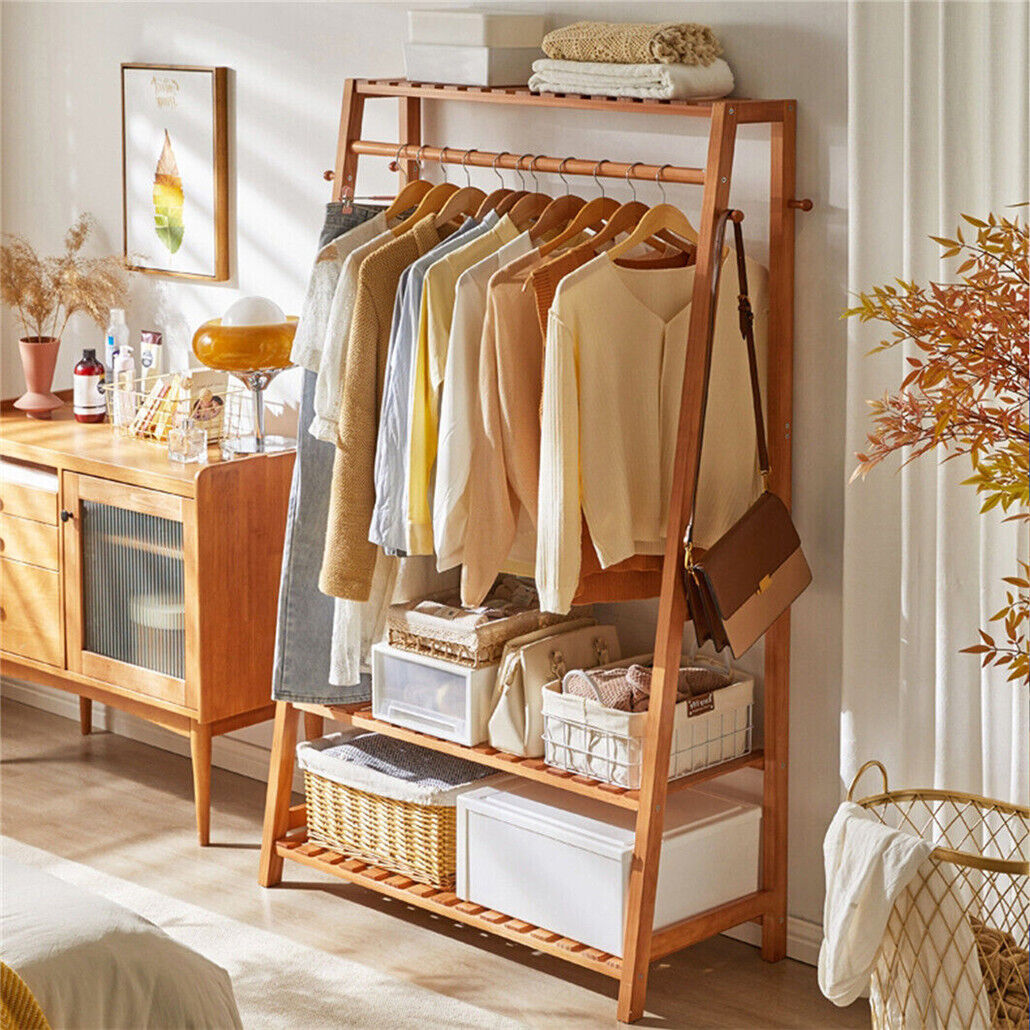 Bamboo Garment Rack Portable Laundry Storage Nature -