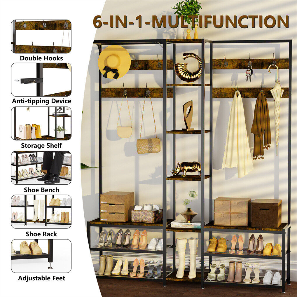 Corner Coat Stand with Shoe Bench Metal & MDF Organizer