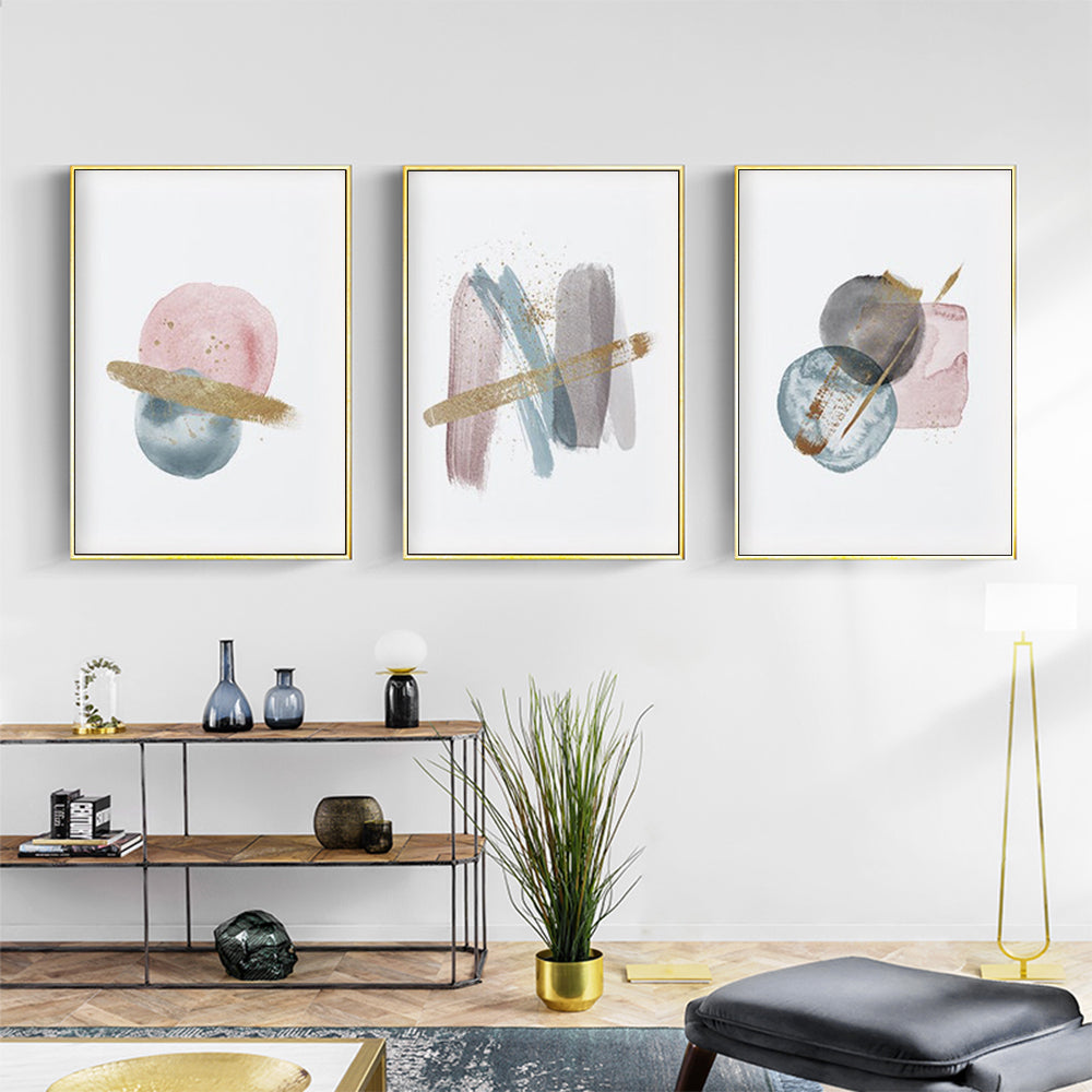 Wall Art 60cmx90cm Blush Pink Watercolor 3 Sets Gold Frame Canvas