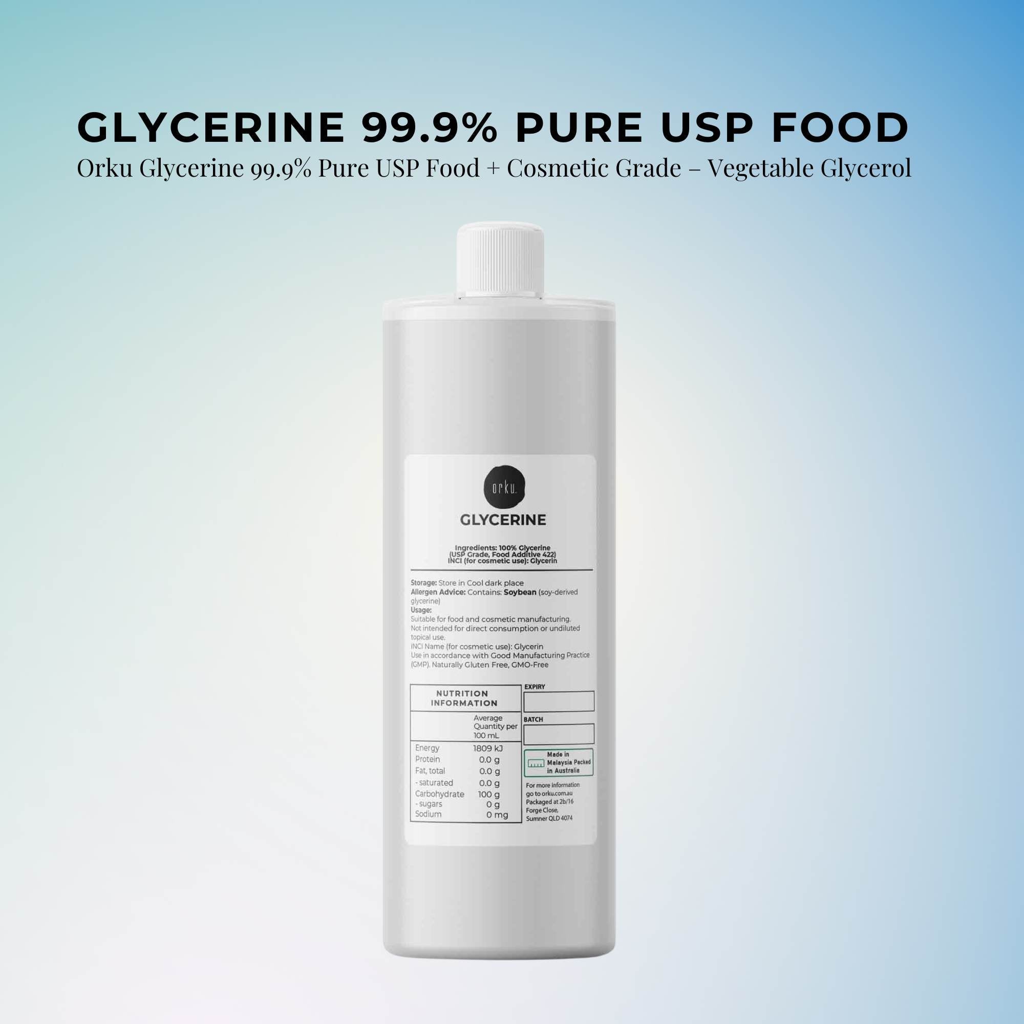 Orku 1L Glycerine 99.9% Pure USP Food + Cosmetic Grade – Vegetable Glycerol