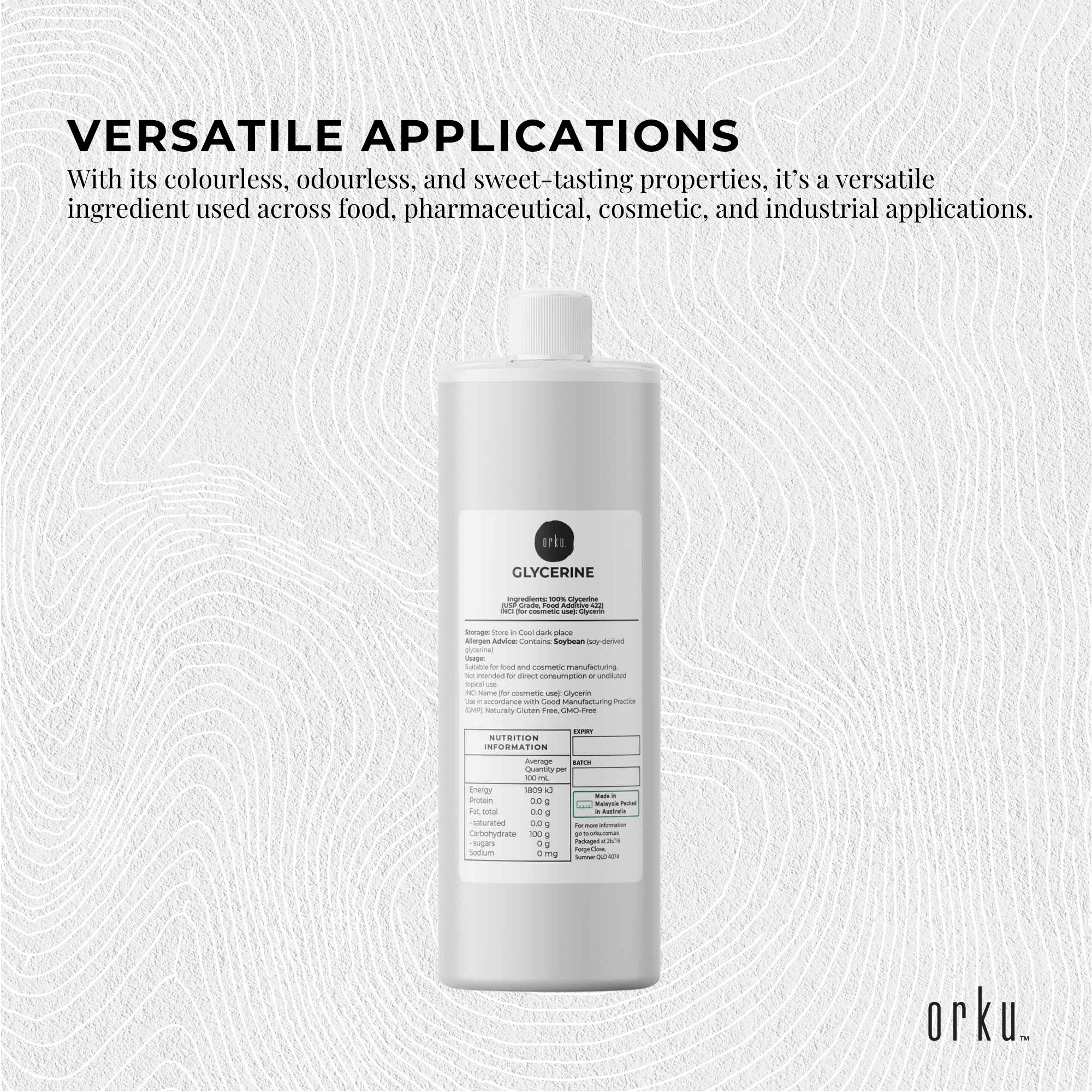 Orku 1L Glycerine 99.9% Pure USP Food + Cosmetic Grade – Vegetable Glycerol