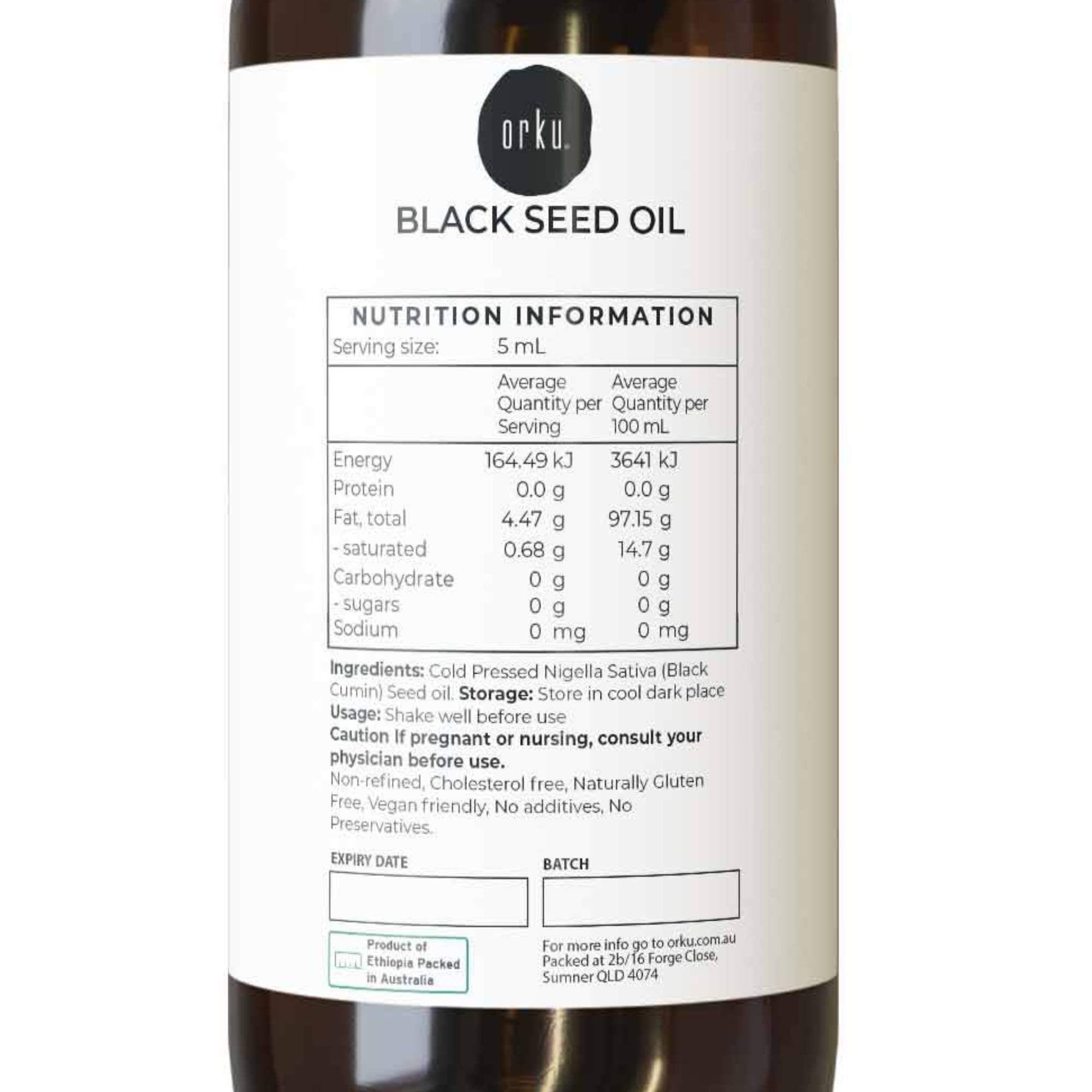 Orku 100ml Pure Black Seed Oil Cold Pressed 100% Ethiopian Nigella Sativa Cumin