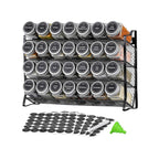 4 Tier Metal Spice Rack + 28 Glass Jars - Kitchen Pantry Herb Storage Organiser