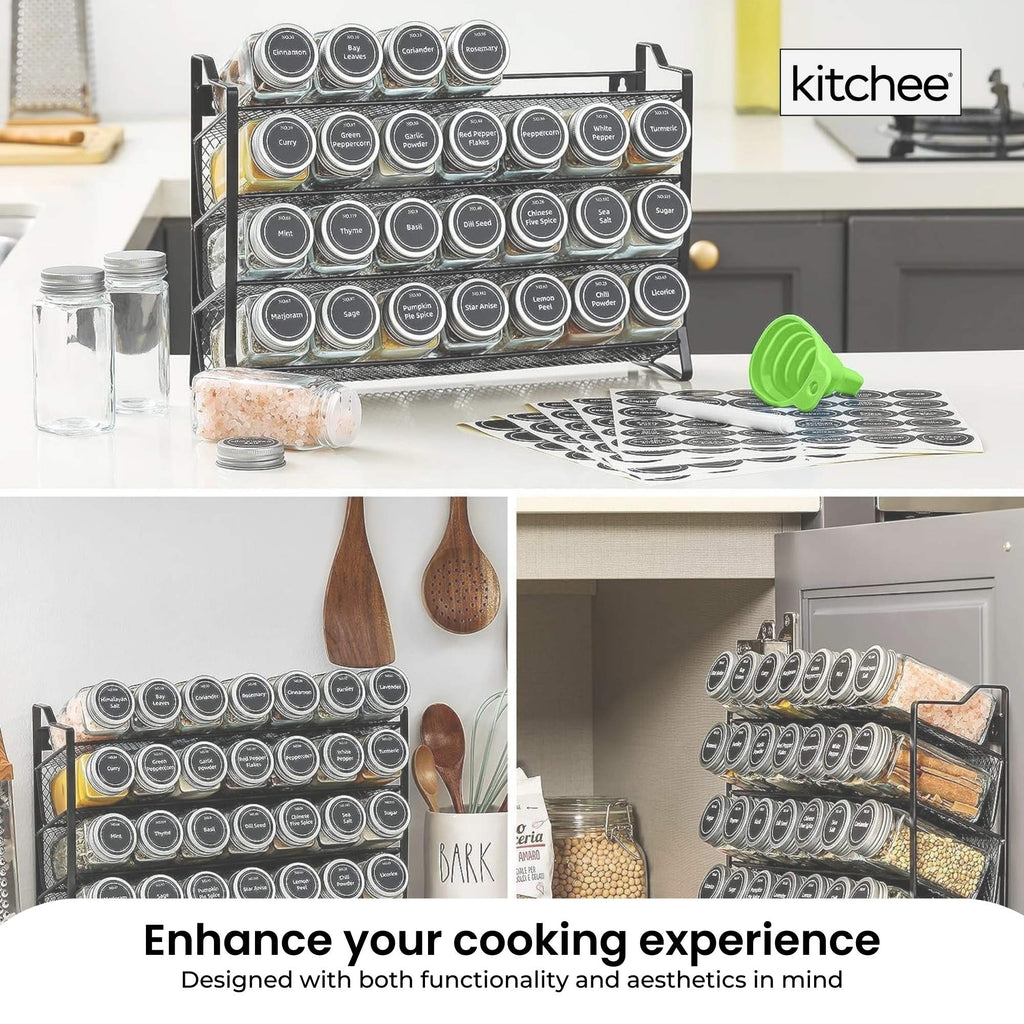4 Tier Metal Spice Rack + 28 Glass Jars - Kitchen Pantry Herb Storage Organiser