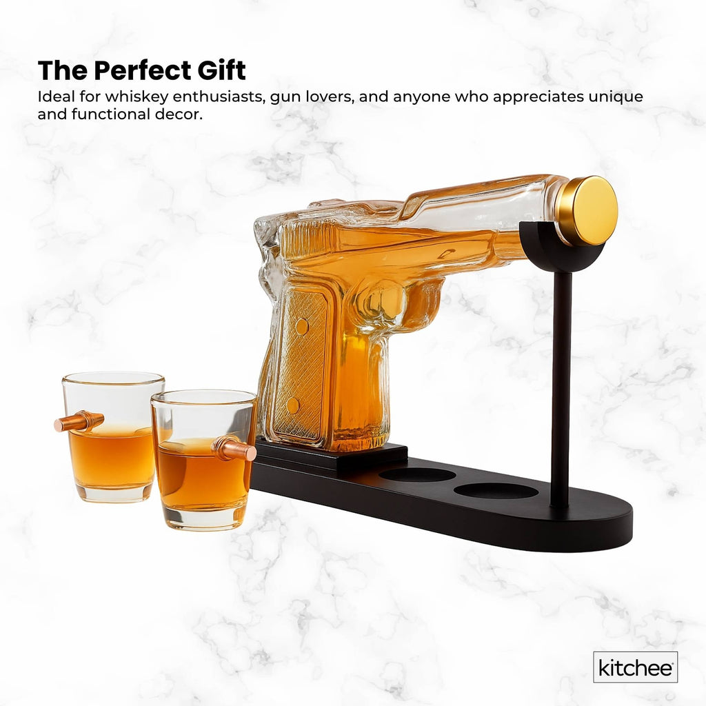 225mL Whisky or Wine Decanter Glass Pistol Set - 2 Shot Glasses + Wooden Stand