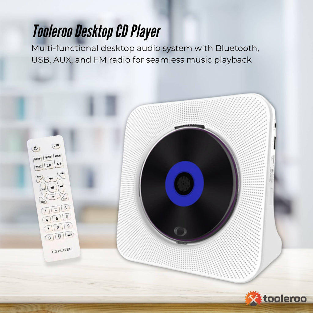 Tooleroo USB Rechargeable Desktop CD Player Speaker â€“ Bluetooth Portable White