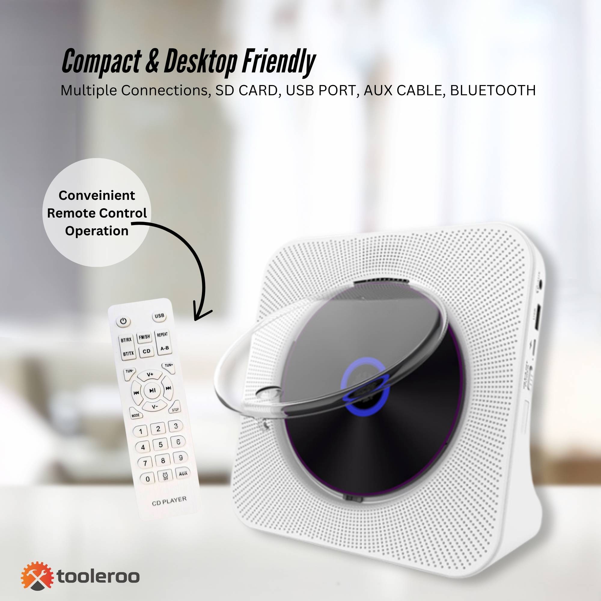 Tooleroo USB Rechargeable Desktop CD Player Speaker â€“ Bluetooth Portable White