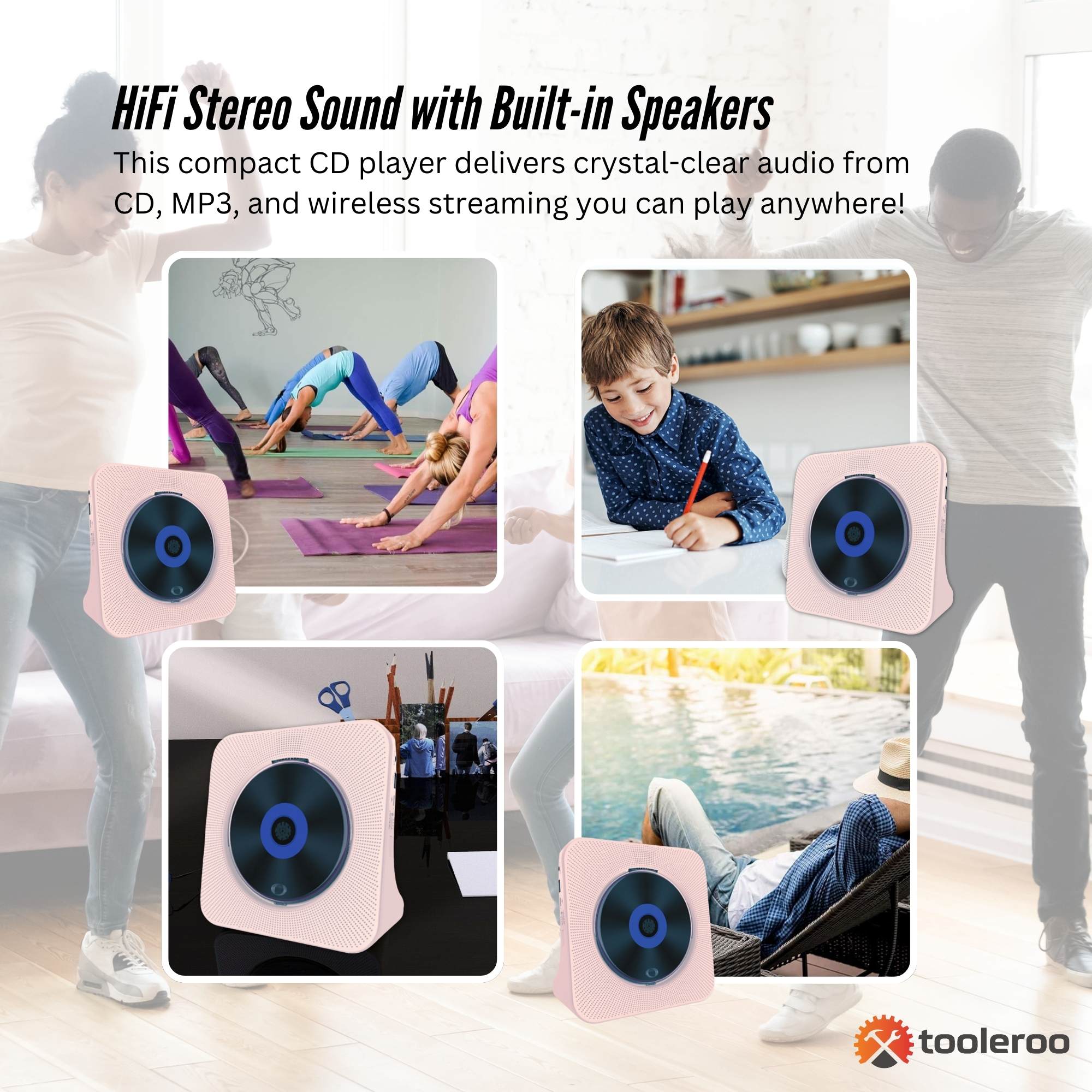 Tooleroo USB Rechargeable Desktop CD Player Speaker â€“ Bluetooth Portable Pink