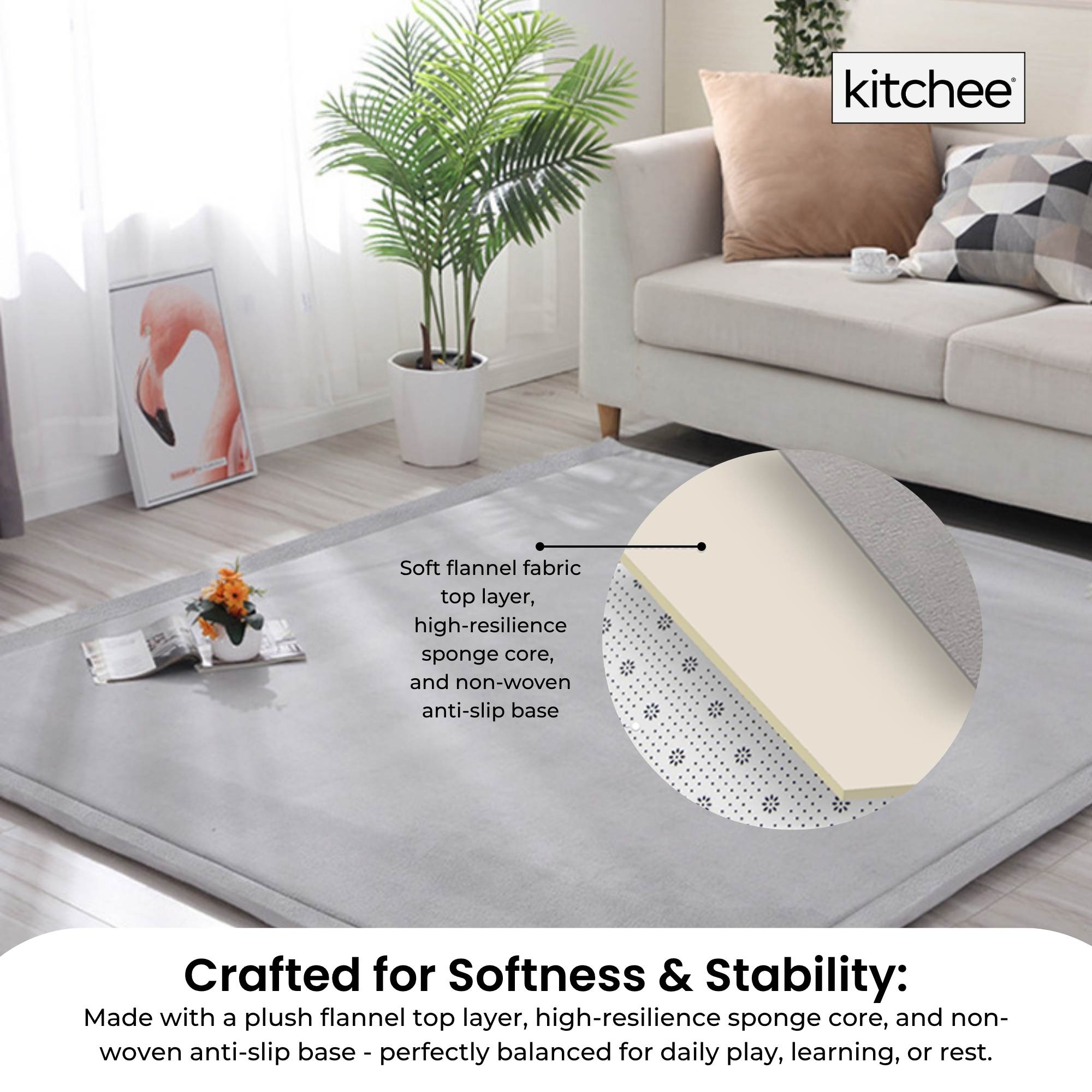 Kitchee Kids Foam Floor Play Mat 200x200cm – Padded Thick Soft Tatami Style Grey
