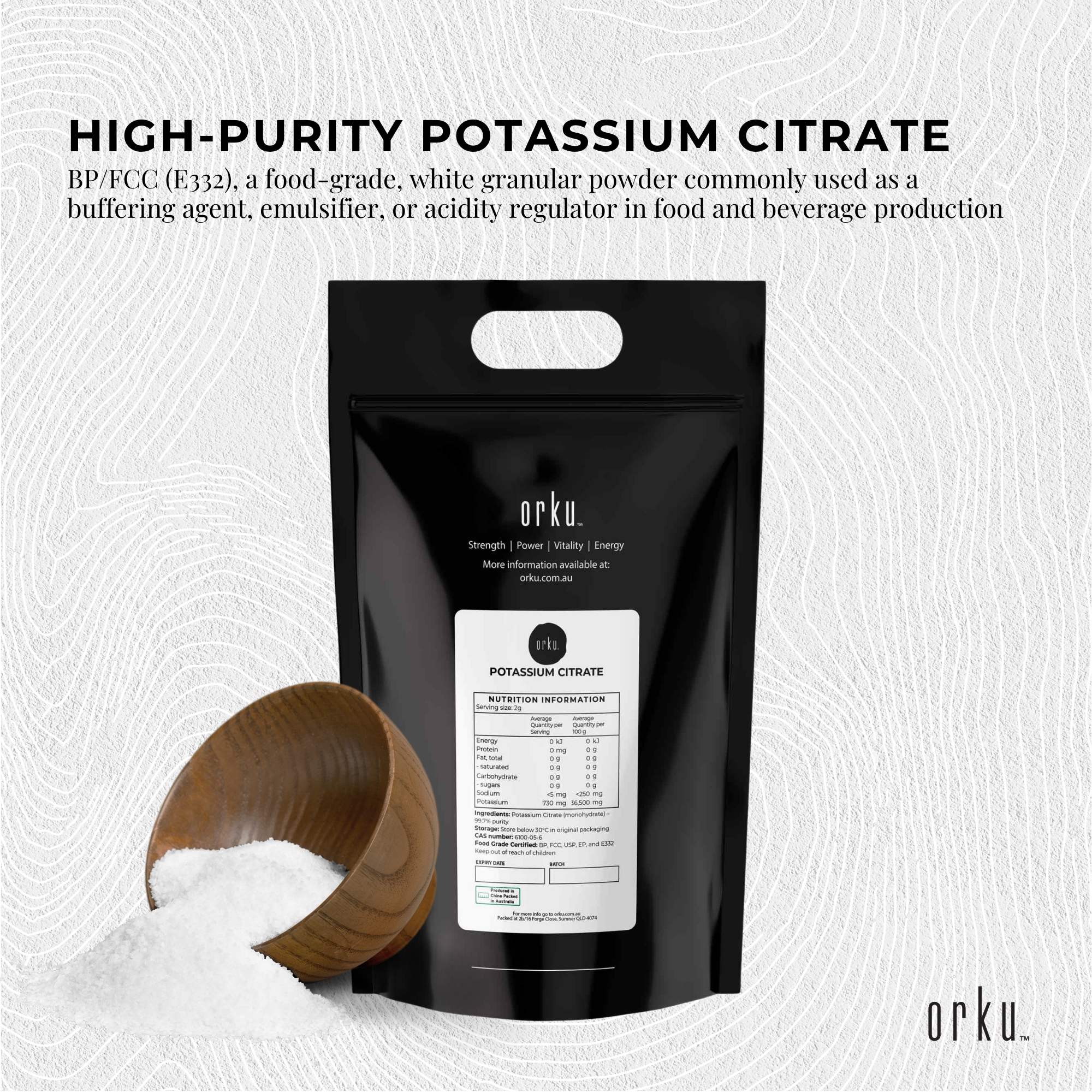 Orku 10Kg Potassium Citrate Food Grade - Granular BP USP FCC E332 Additive