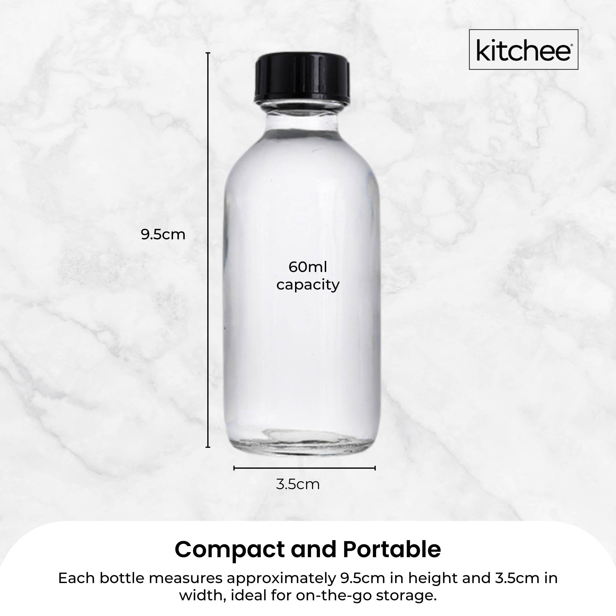 Kitchee 12x 60ml Small Glass Bottles + Lids Funnels Brush Labels Pen