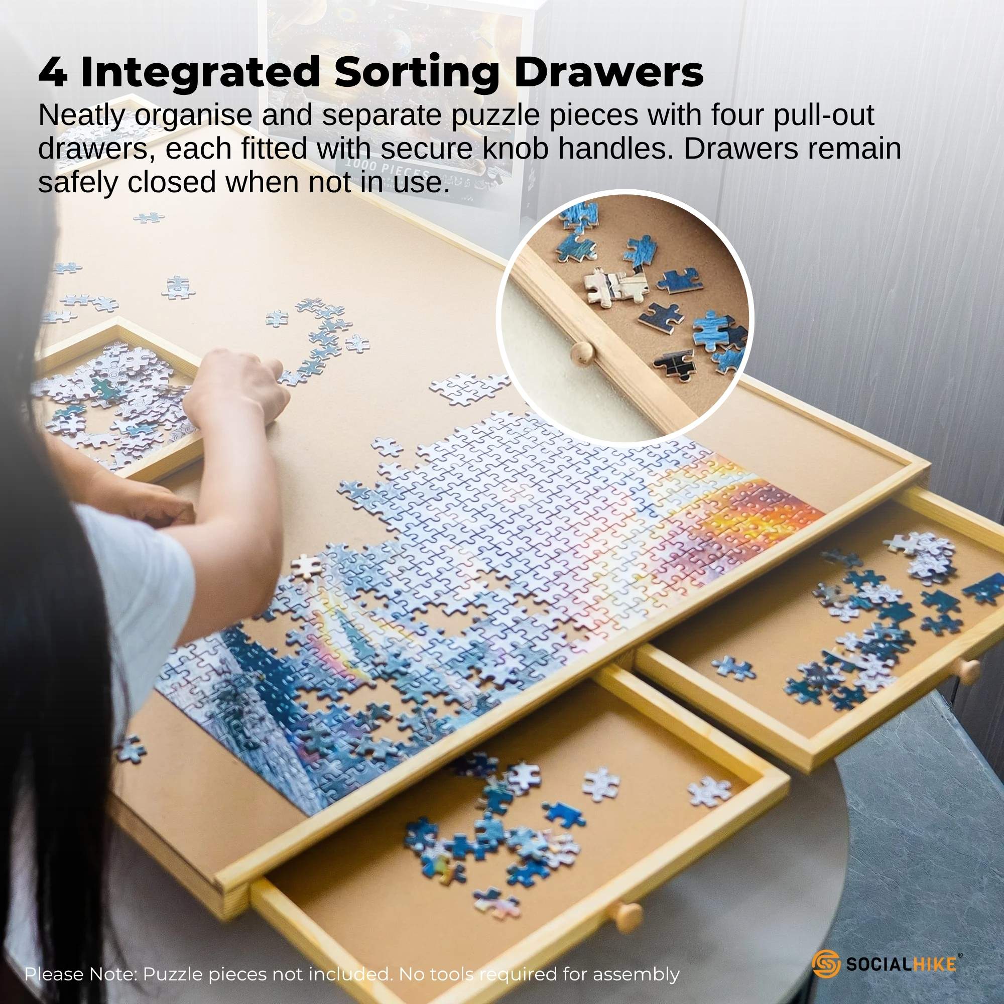 Social Hike 1000pcs Puzzle Board 4 Drawer with Cover -  Wooden Rotating Tabletop