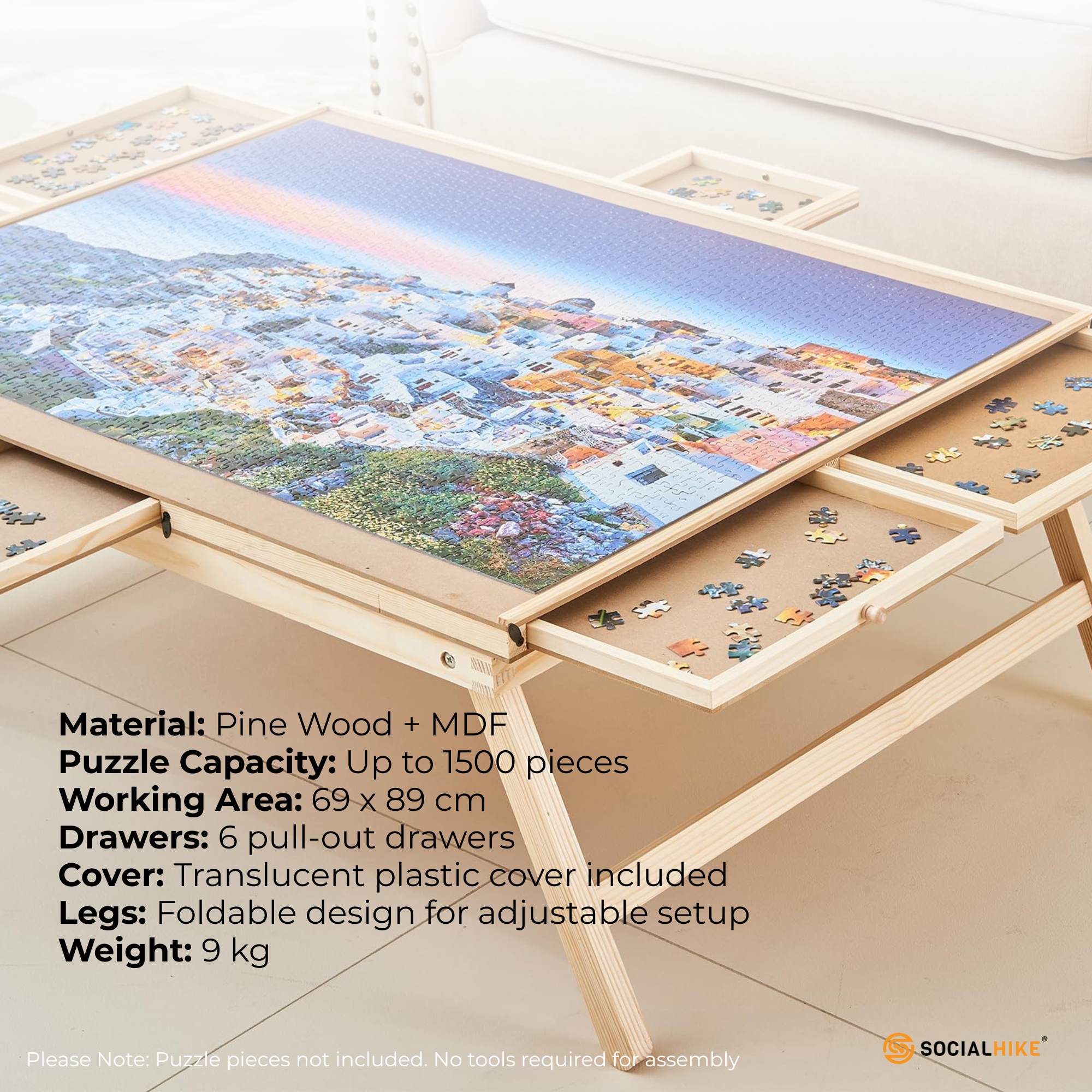Social Hike 1500pcs Puzzle Board Table 6 Drawer with Cover - Wooden Folding Legs