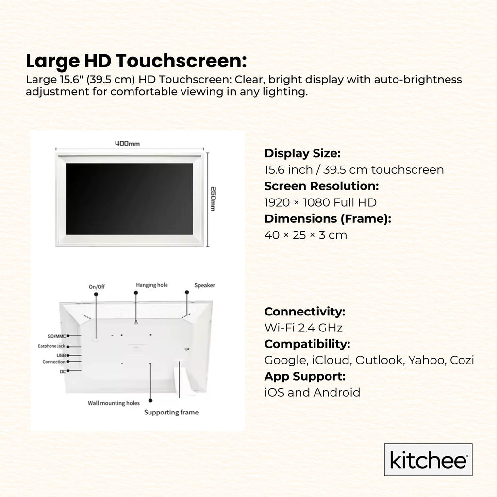 Kitchee Digital Calendar Smart Family Planner - 39.5cm Touchscreen Display White