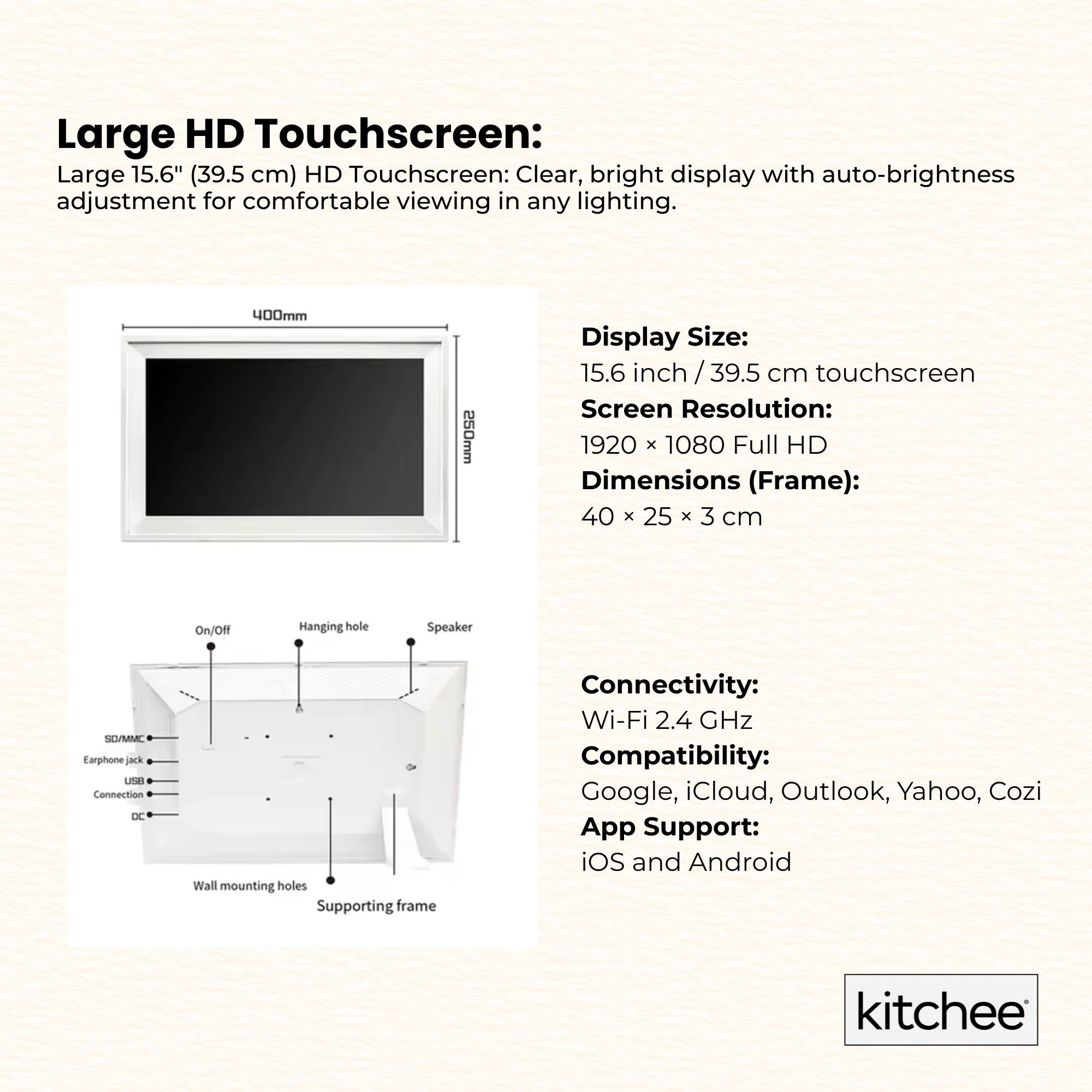 Kitchee Digital Calendar Smart Family Planner - 39.5cm Touchscreen Display White