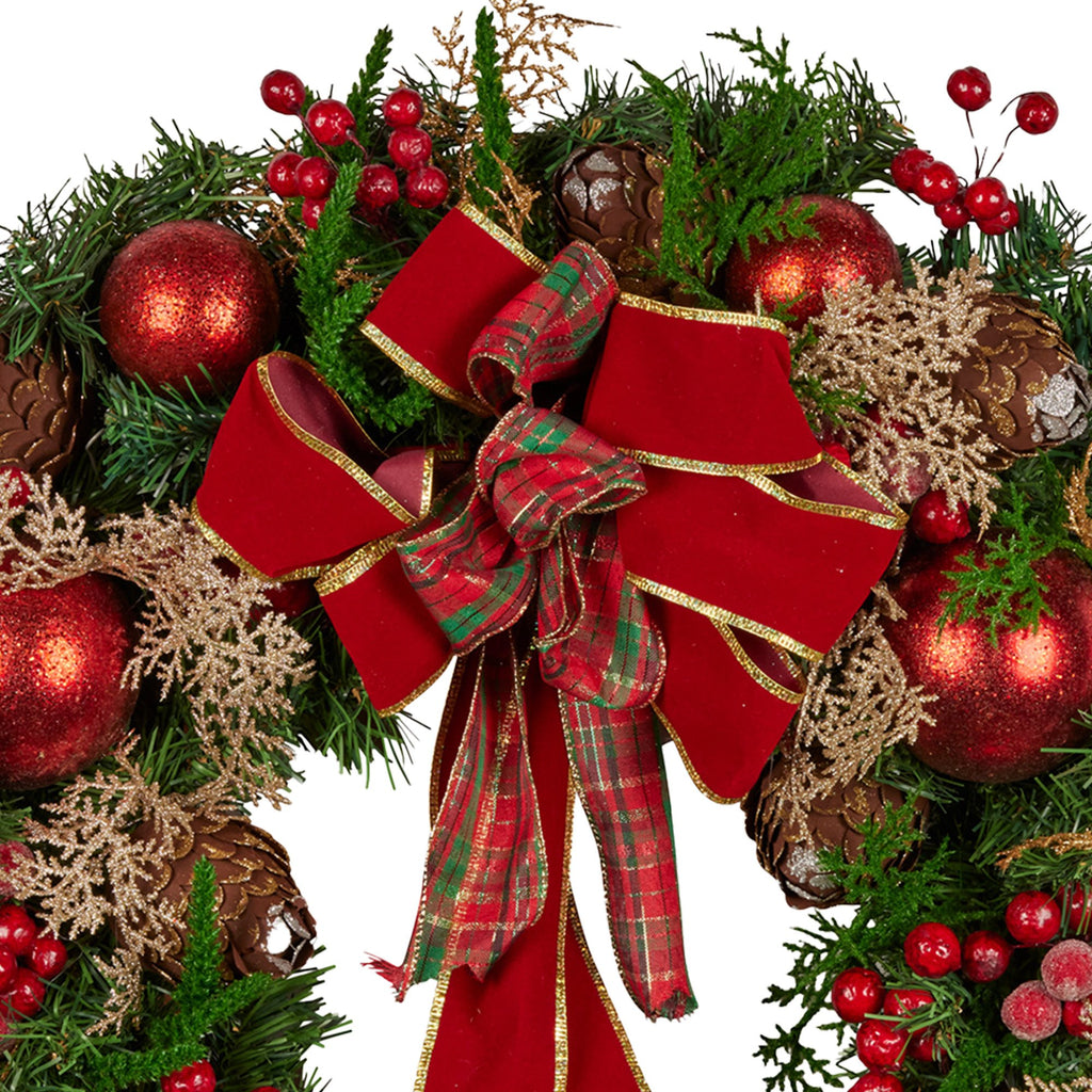 Christabelle 56cm Christmas Wreath Lush Green Holiday Door Wreath with Red Berries, Baubles & Pine Cones Pre-Decorated Festive Wall or Front Door Decoration