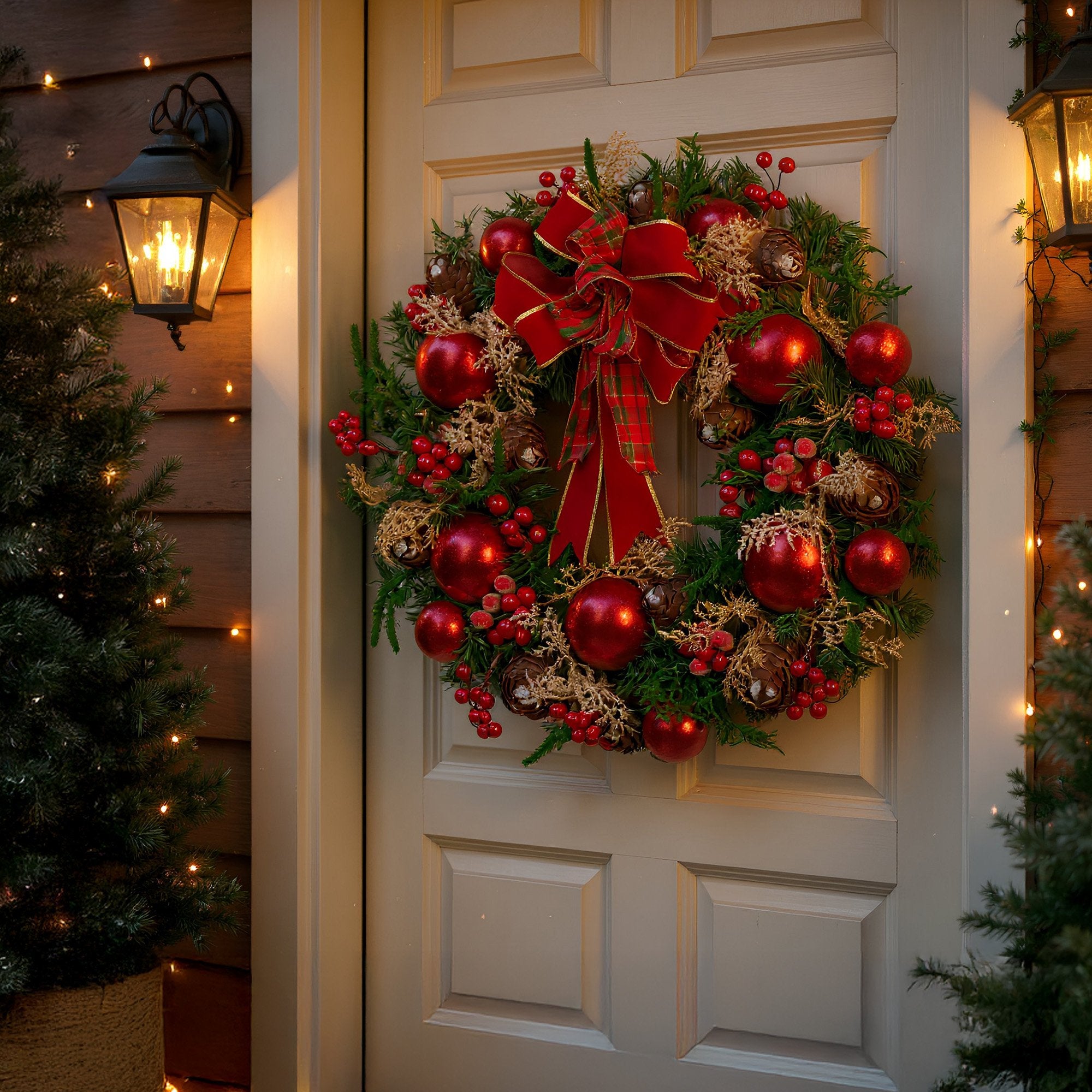 Christabelle 56cm Christmas Wreath Lush Green Holiday Door Wreath with Red Berries, Baubles & Pine Cones Pre-Decorated Festive Wall or Front Door Decoration