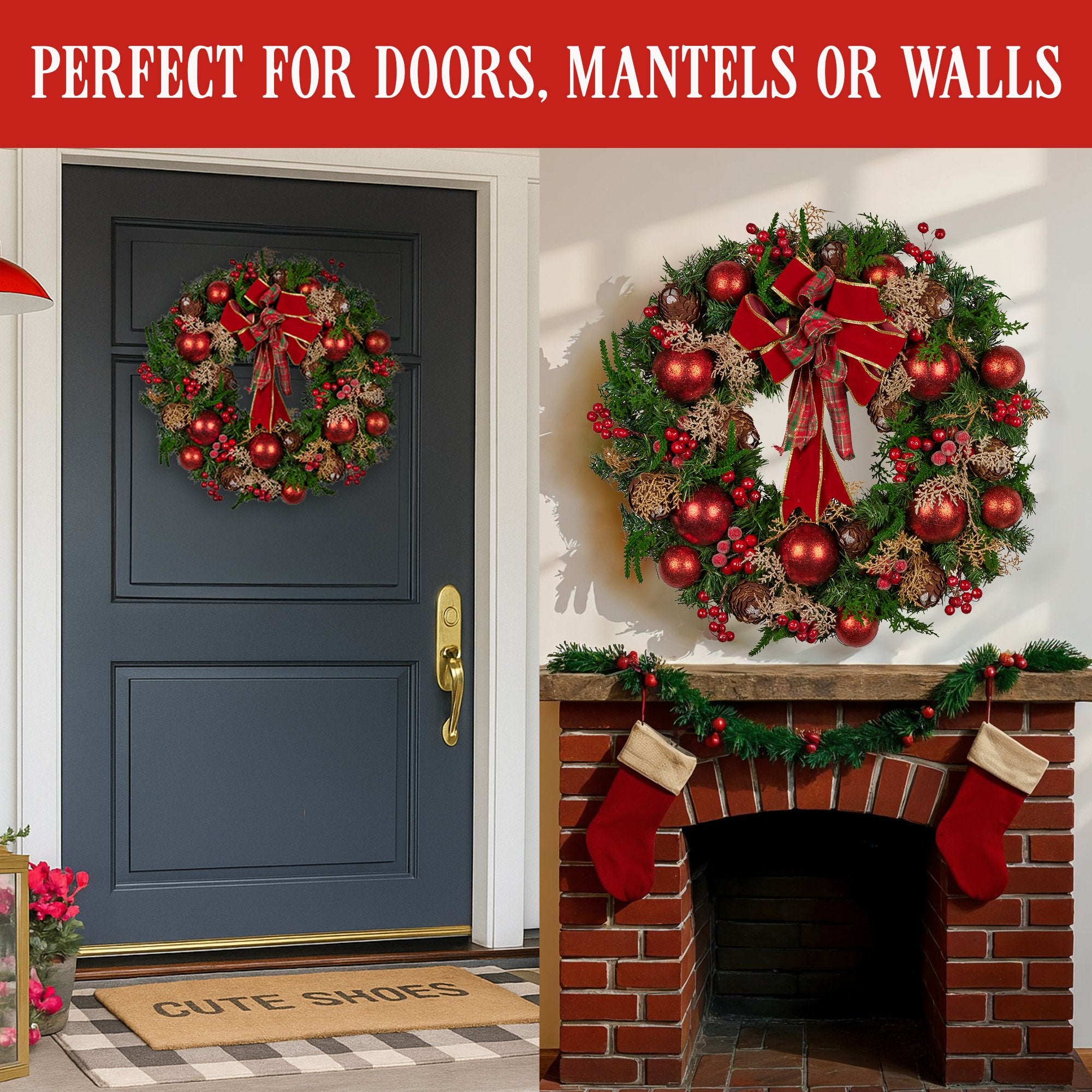 Christabelle 56cm Christmas Wreath Lush Green Holiday Door Wreath with Red Berries, Baubles & Pine Cones Pre-Decorated Festive Wall or Front Door Decoration