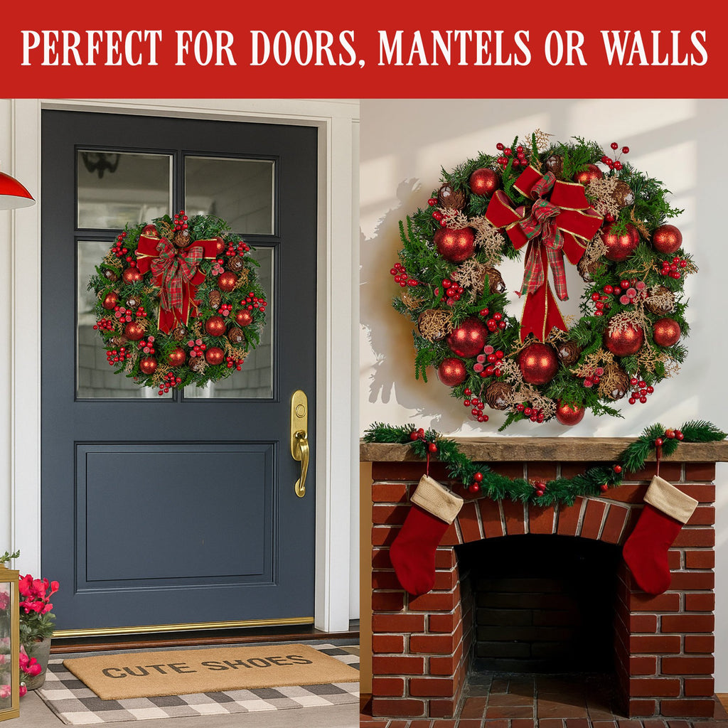 Christabelle 71cm Christmas Wreath Lush Green Holiday Door Wreath with Red Berries, Baubles & Pine Cones Pre-Decorated Festive Wall or Front Door Decoration