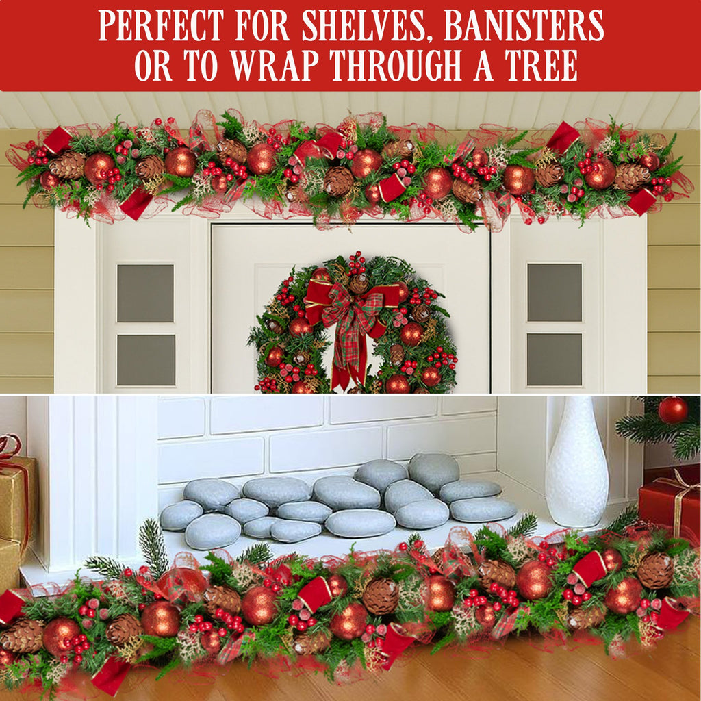Christabelle 100cm Christmas Garland Lush Green Holiday Garland w/ Red Berries, Baubles & Pine Cones Pre-Decorated Festive Shelf or Banister Decoration