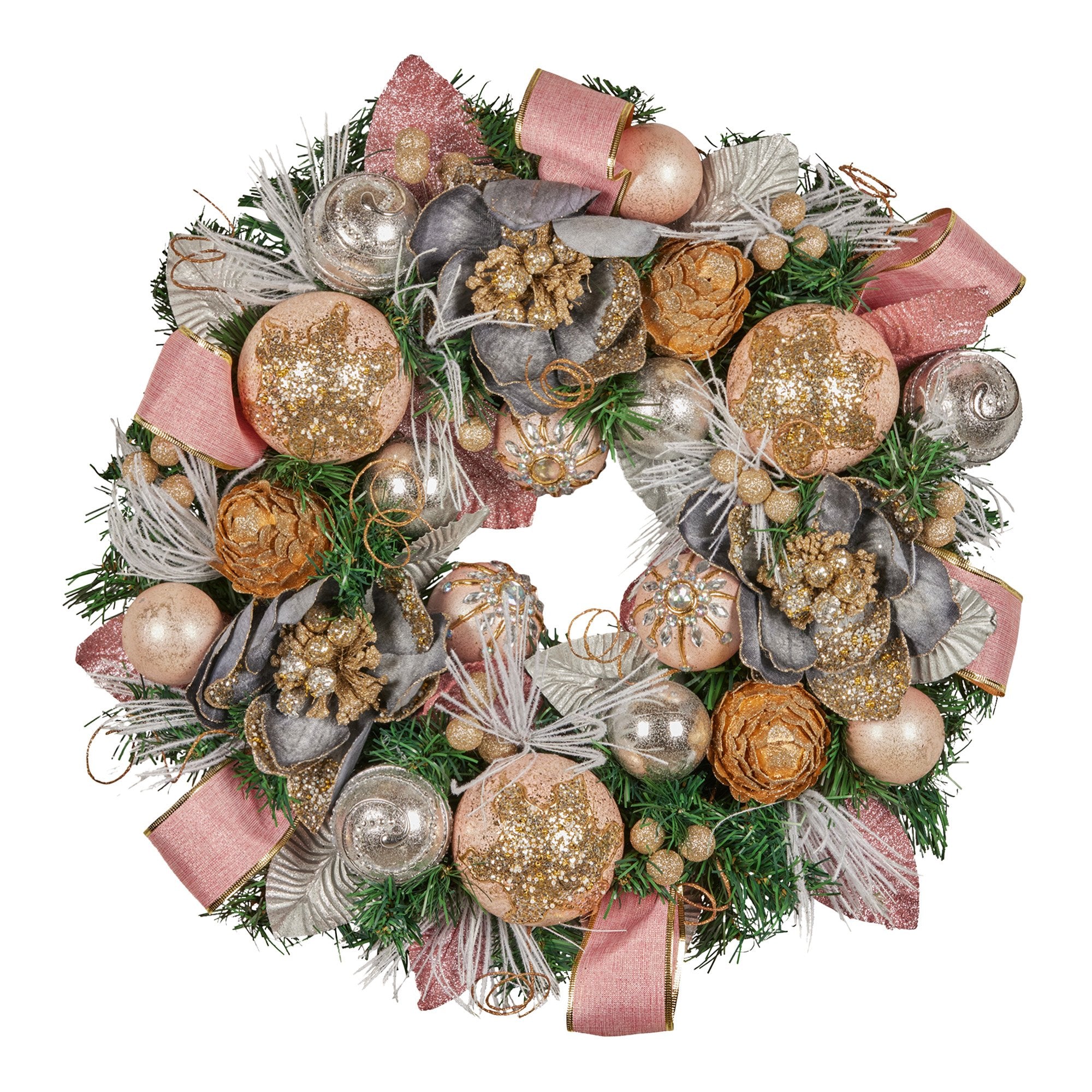 Christabelle 56cm Christmas Wreath Lush Green Holiday Door Wreath w/Jewelled Baubles, Foliage, Flowers, Pine Cones, Ribb