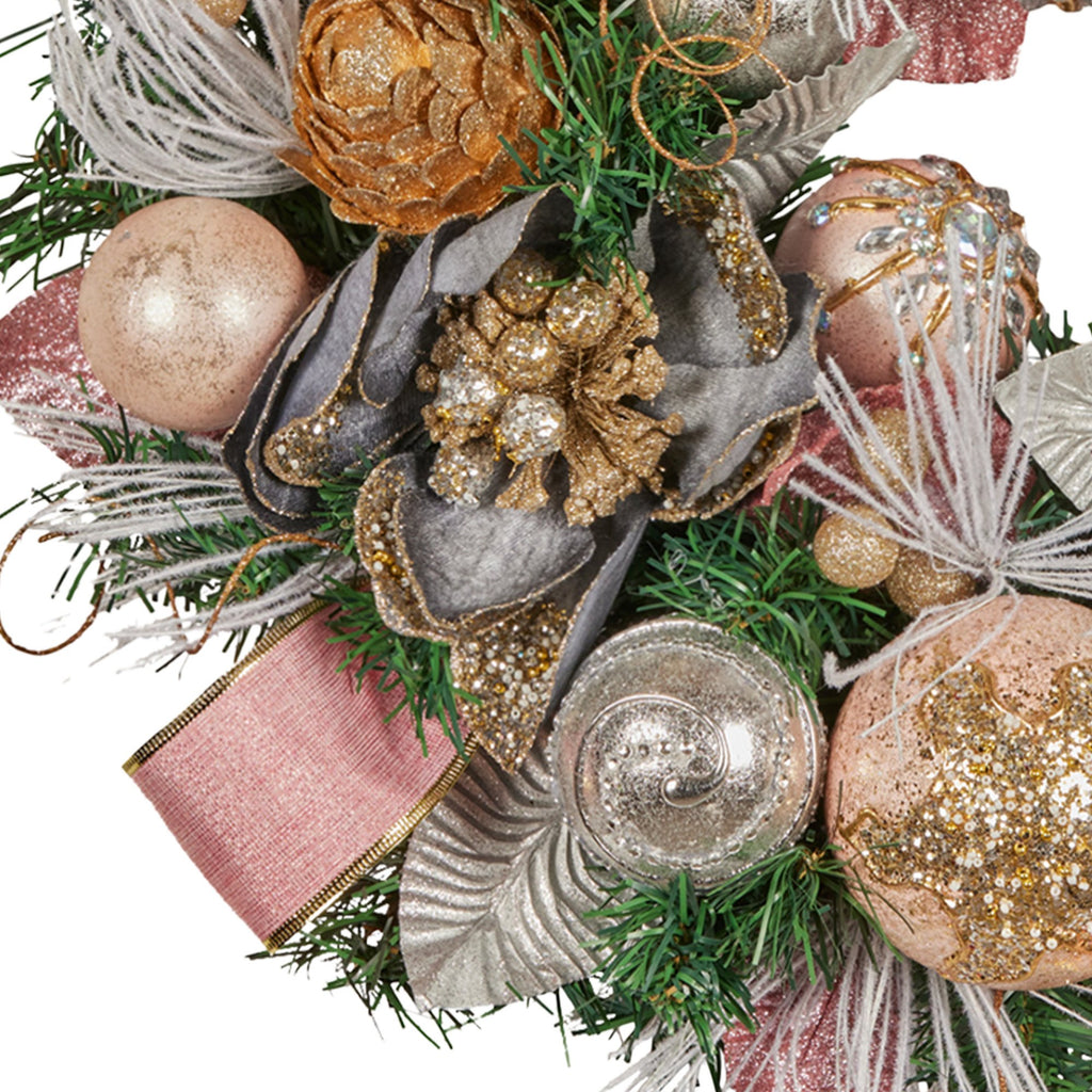 Christabelle 56cm Christmas Wreath Lush Green Holiday Door Wreath w/Jewelled Baubles, Foliage, Flowers, Pine Cones, Ribb