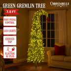 Christabelle 7.5ft Christmas Gremlin Tree Curved Top Red Bauble Built-in Green White LED Lights Control Base & Cord