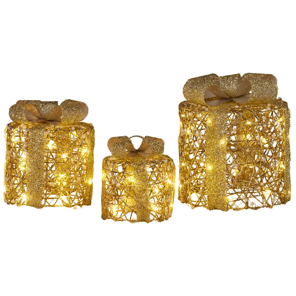 Christabelle Set of 3 Christmas Gift Box Display Gold with LED Lights and Bows Decoration Ornament Present