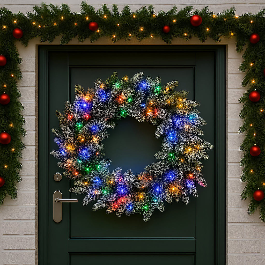 National Tree Company 76cm Pre Lit Snowy Stamford Spruce Battery Operated Christmas Wreath w/LED Lights & Timer