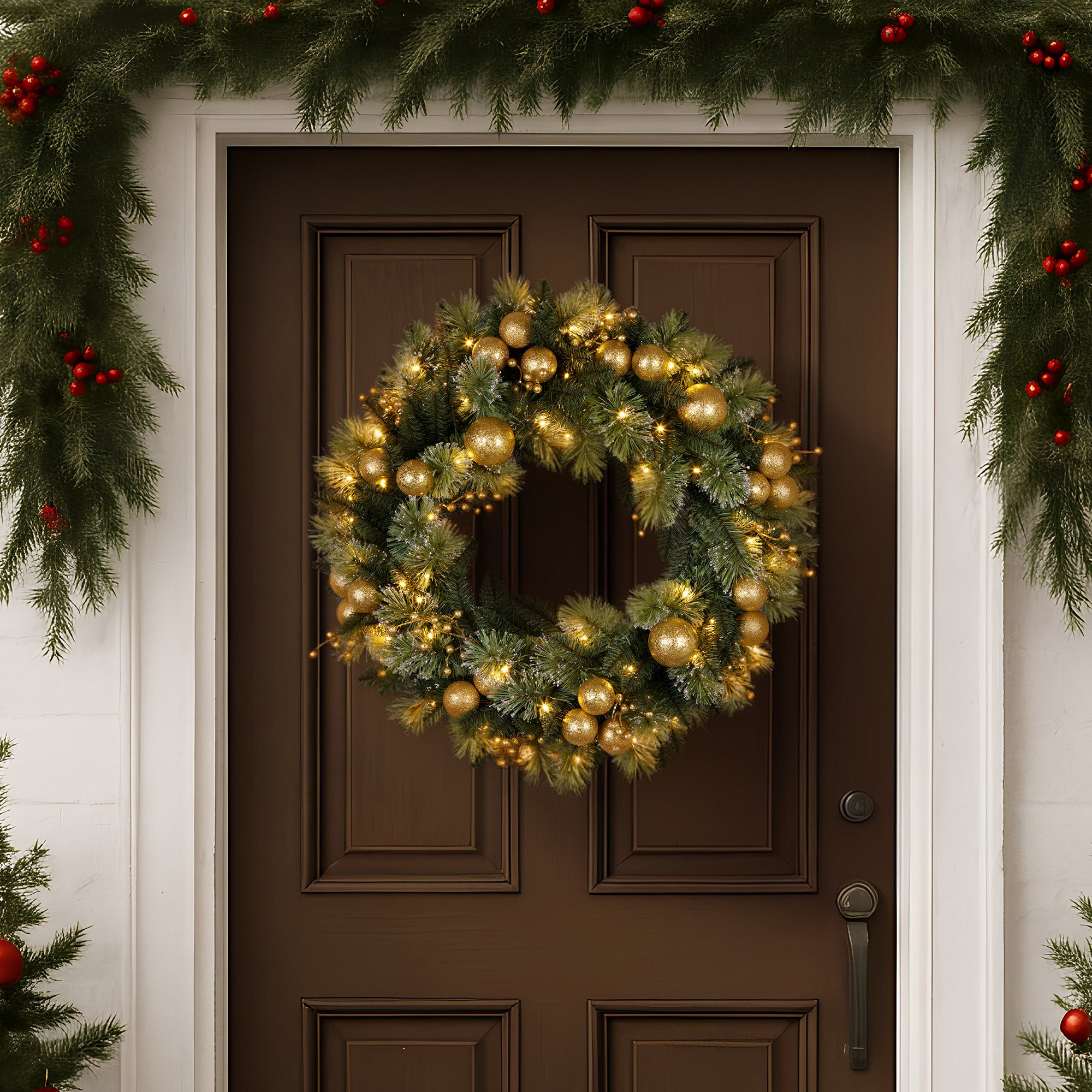 Christabelle 61cm Battery-operated Christmas Wreath Glittery Gold Pine