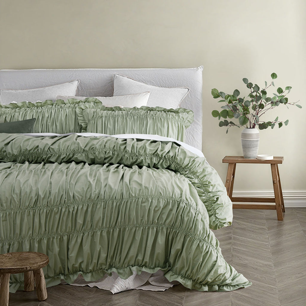 Vintage Design Homewares Haven Sage Washed Cotton Ruched Quilt Cover Set Queen