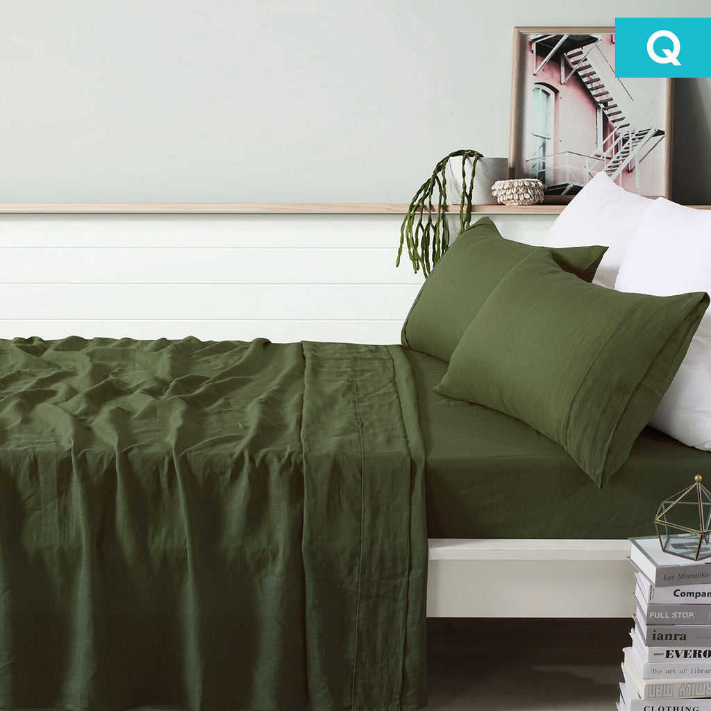 Vintage Design Homewares 100% Linen Olive Sheet Set Queen