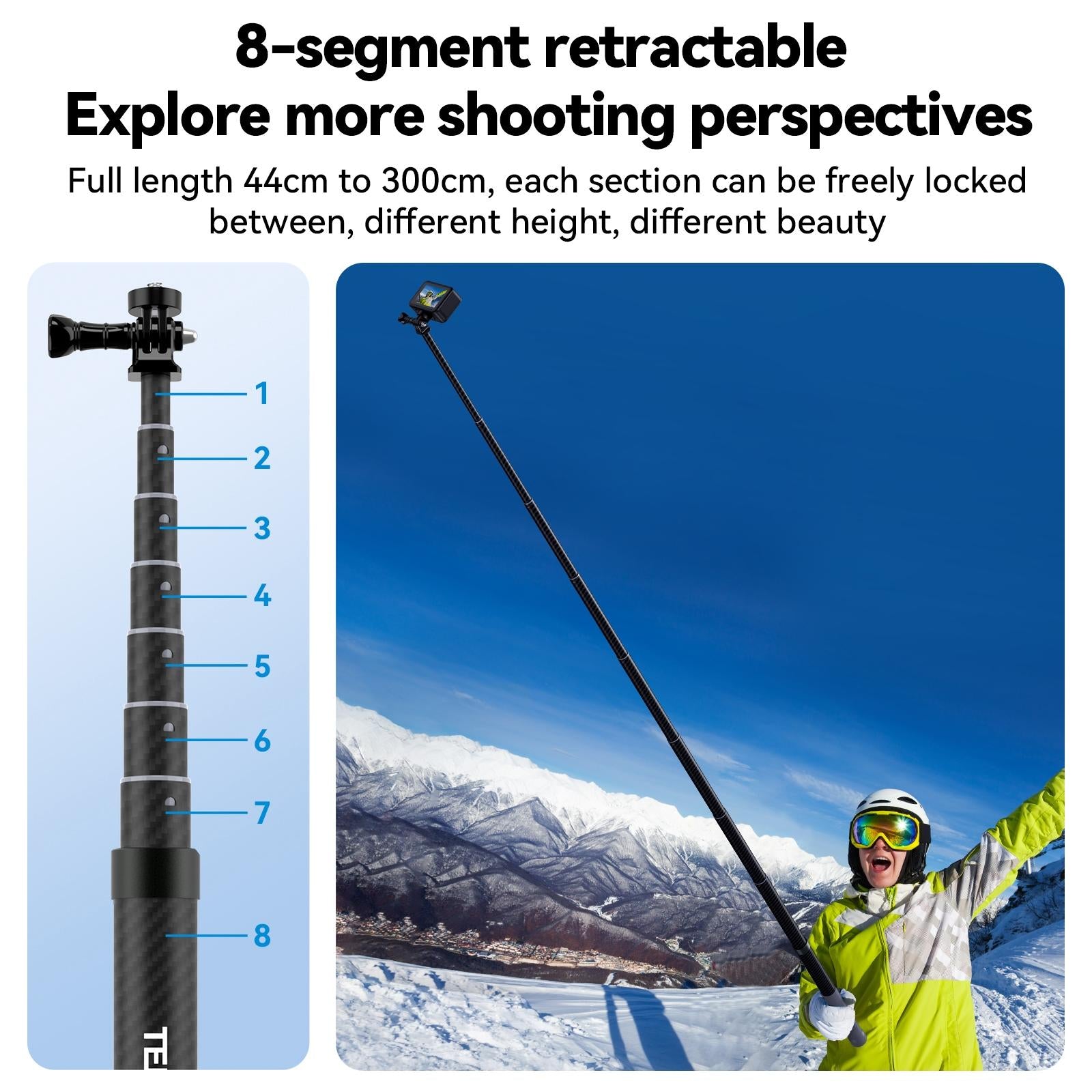 3m Carbon Fiber Selfie Stick Monopod for Action Cameras - 1 / 4 Screw