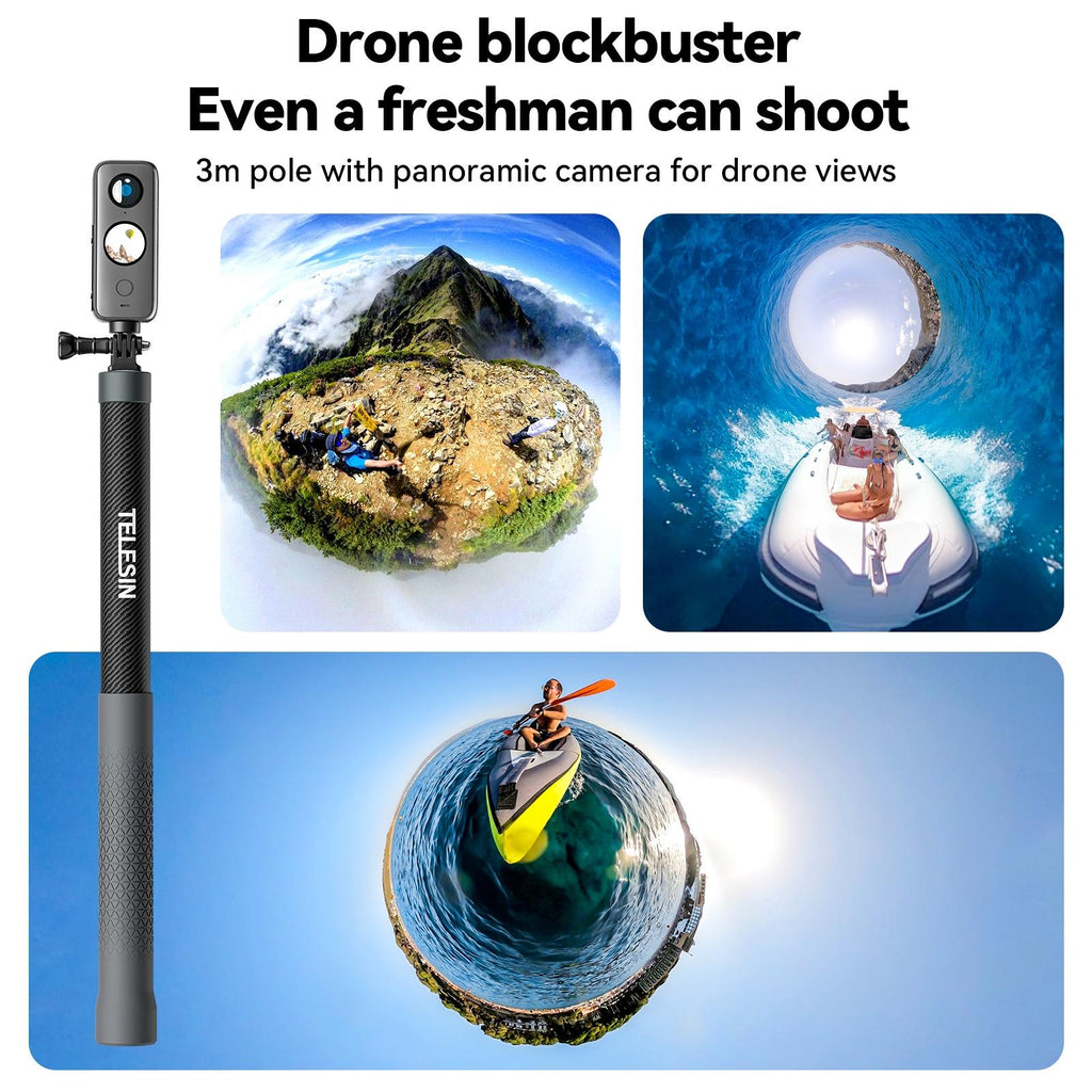 3m Carbon Fiber Selfie Stick Monopod for Action Cameras - 1 / 4 Screw
