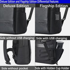 Waterproof Business Laptop Backpack - Genuine Leather Lightweight - Deluxe
