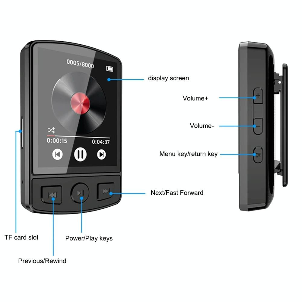 1.8 Inch Color Screen Mp3 / Mp4 Bluetooth Walkman With Back Clip - 8Gb