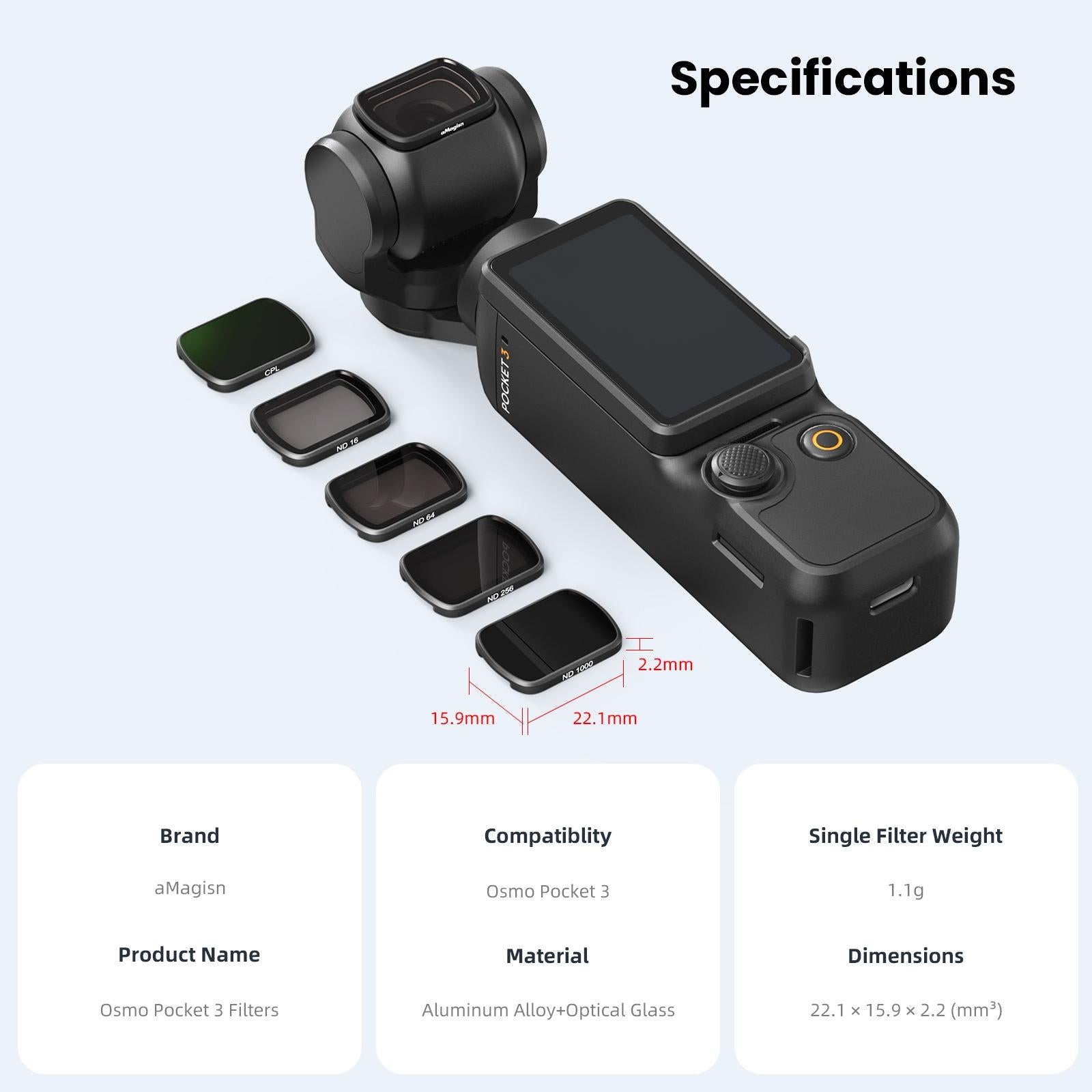 Double-sided Coated Filters for Dji Pocket 3 with Protective Goggles and Cpl Style - Nd16+Nd64+Nd256 + Cpl