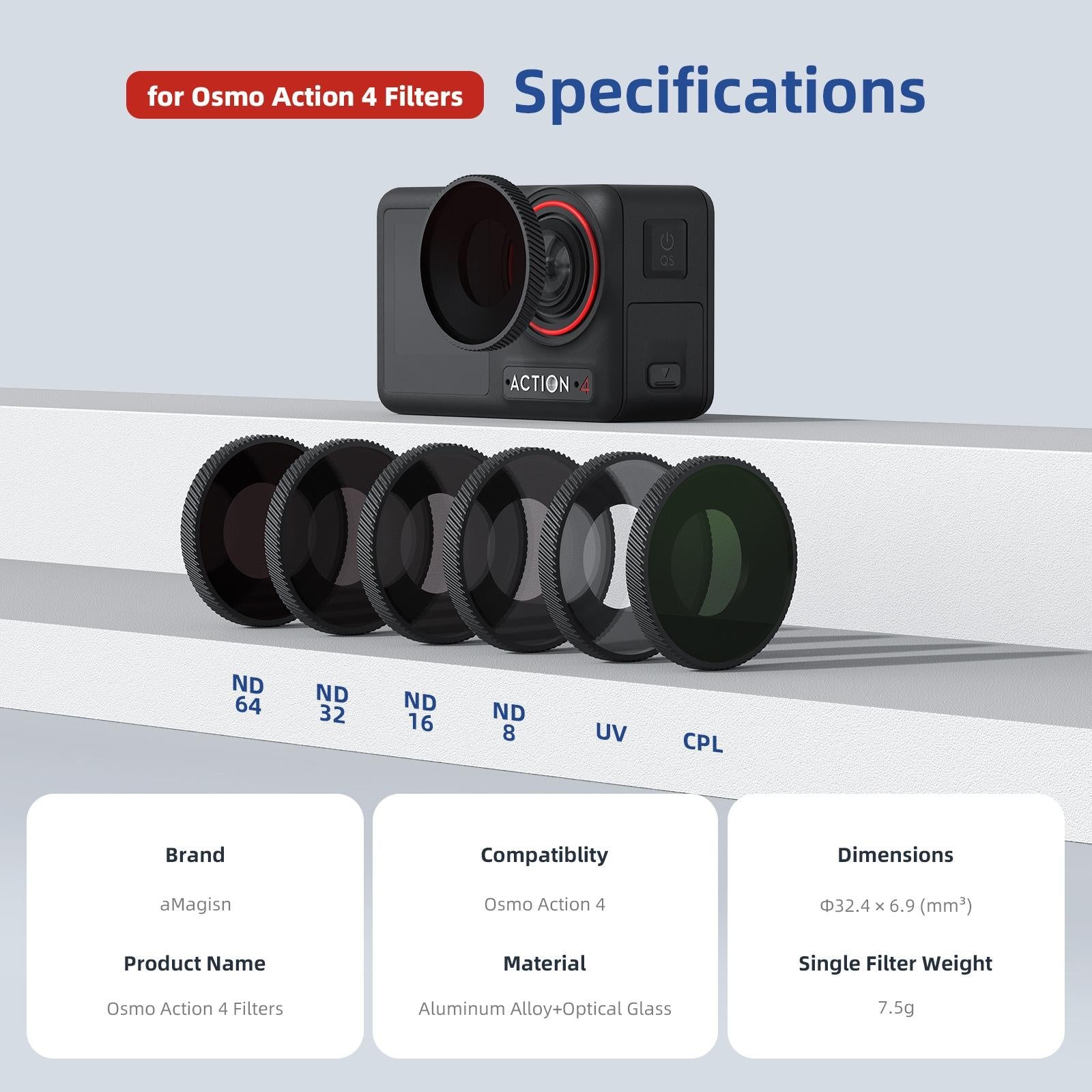 Waterproof Filter for Dji Action 4 Sports Camera - Cpl - Nd8+Nd16+Nd32+Cpl