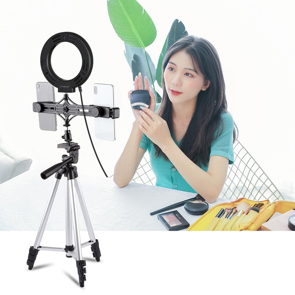 Live Broadcast Dual Phone Bracket & 6.2 Inch Led Ring Light Kit with Tripod Mount